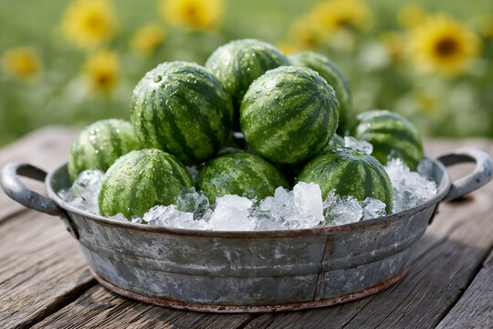 Chilled Small Watermelons Piled on Ice in Metal Bowl with Floral Background