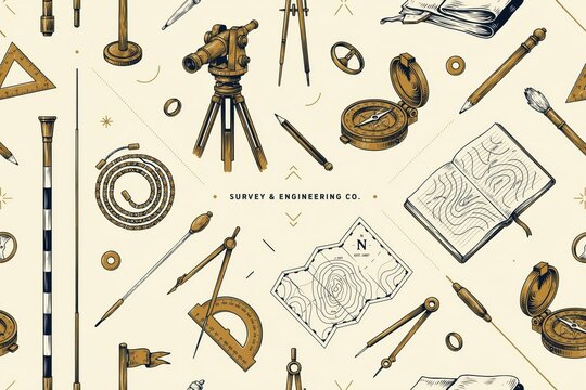 Vintage engineering and surveying equipment pattern featuring theodolites, compasses, topographic maps, protractors, and drafting tools on beige
