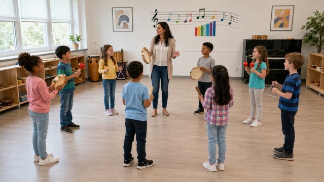 Elementary Music Teacher Leading Children