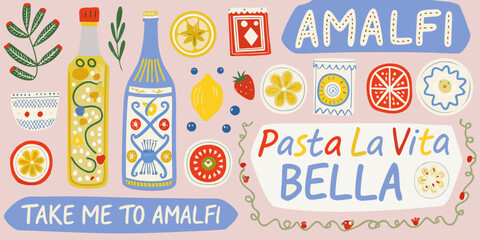 whimsical italian food and ingredients illustration amalfi pasta lemon wine olive oil strawberry herbs vector colorful hand drawn graphic design art cuisine culture © Shamal