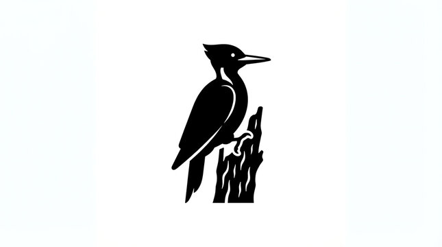 Woodpecker bird silhouette perched on tree trunk bark searching for insects in forest.