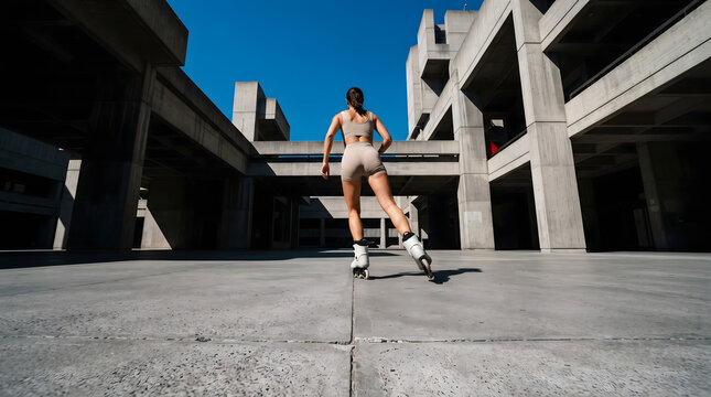 Back view of an athletic woman rollerblading in a modern concrete plaza with brutalist architecture under a clear blue sky.