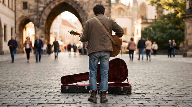 Rear view of a street musician playing acoustic guitar on a cobblestone street in a historic European city with an open guitar case