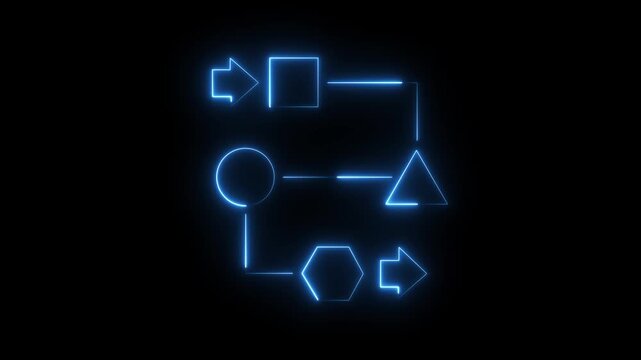 Glowing blue neon flowchart animation with connected geometric shapes and directional arrows on black background, system logic, workflow, or infrastructure