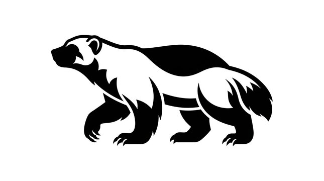 Bold black and white wolverine silhouette walking forward on isolated white background.