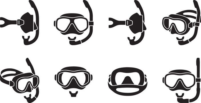 Snorkel diving masks full face goggles and scuba tube equipment icons