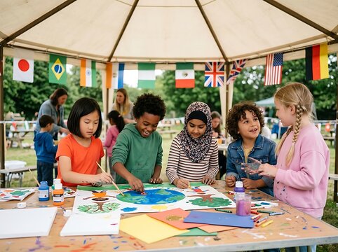 Diverse Group of Children Collaborating on an Artistic School Project about Global Unity Under International Flags