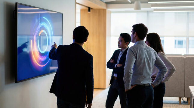 Business team presenting digital data on interactive wall screen in modern corporate office meeting room, collaborative strategy and teamwork concept.