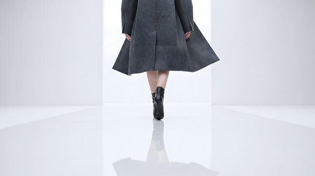 Rear view of a fashion model in a textured grey coat and black stiletto boots walking on a white reflective runway