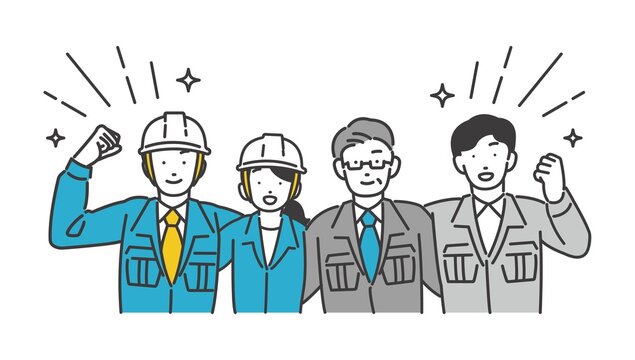 肩を組む男女の作業員のベクターイラスト素材／現場監督／工事