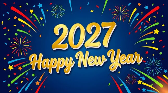 Spectacular Happy New Year 2027 horizontal banner with vibrant colorful fireworks, light rays, confetti particles, and golden typography on dark blue.