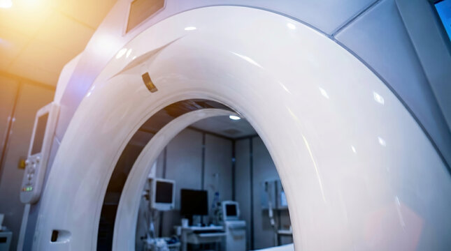 CT scanner machine showing circular gantry opening in modern hospital radiology room, medical imaging technology and diagnostic healthcare concept.