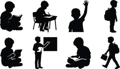 Set of black silhouettes featuring school children in various educational, classroom, and studying poses