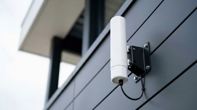 Outdoor wireless antenna mounted on modern building exterior siding, high-speed internet and signal booster connectivity concept