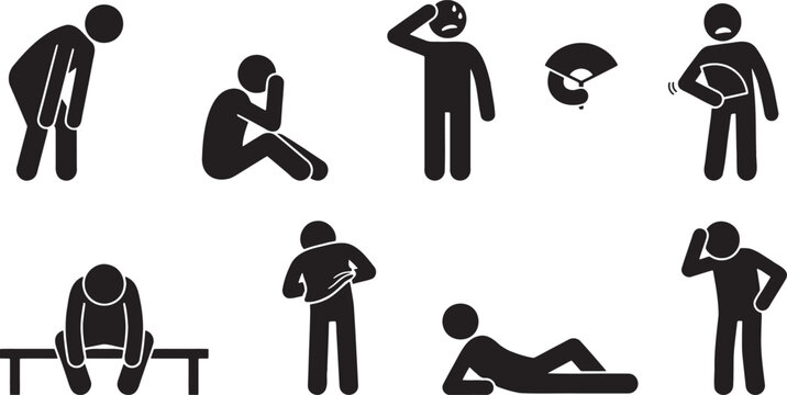 Tired and heat stroke stick figures dehydration illness silhouettes
