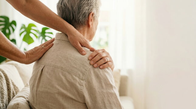 Elder care with caregiver comforting senior woman with hands on her shoulders in bright living room, supporting geriatric wellness concept.
