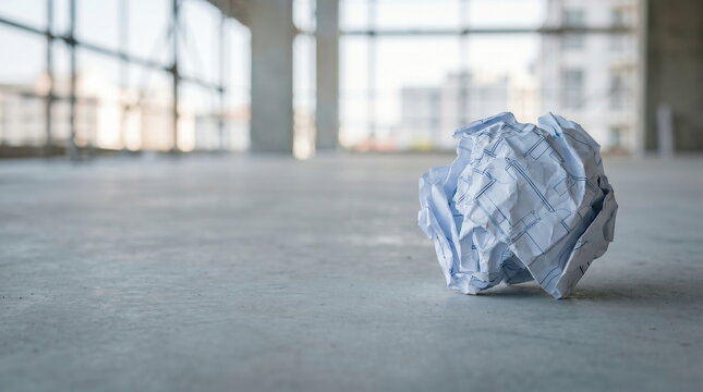 Crumpled blueprint paper lying discarded on concrete floor inside unfinished building construction site, representing failed project design concept.