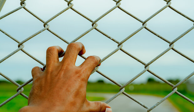 Man hand holding metal chain link fence. Refugee and immigrant concept. Life and freedom. Anguish, gloom, and persecution feeling. Man hand grabbing cage or camp fence. Prison fence. Barrier border.