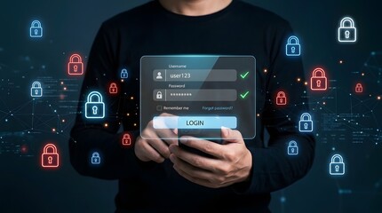 Fototapeta premium Person holding a smartphone with a holographic login screen and floating red and blue padlock representing cybersecurity and digital account protection