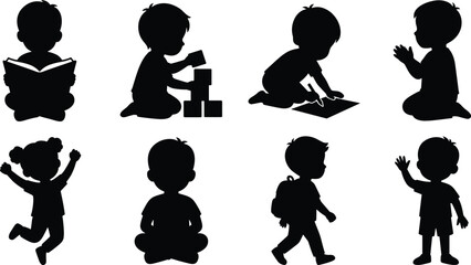 Set of black silhouettes featuring young children in various daily activities, playing, and learning poses
