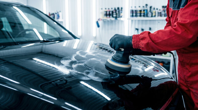 Car detailing specialist polishing black car hood with orbital buffer machine in professional auto workshop, vehicle maintenance concept