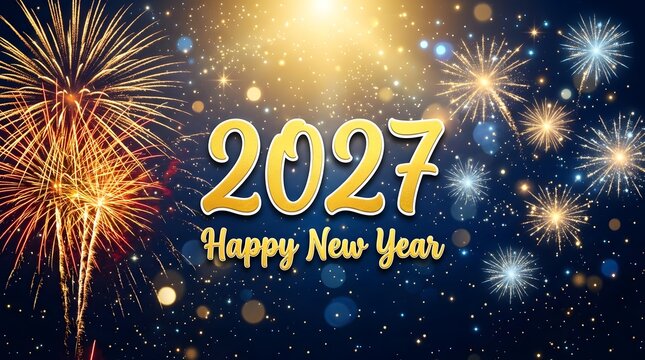 Elegant Happy New Year 2027 banner featuring golden sparkling fireworks, bokeh lights, and glowing text on a dark blue background for holiday celebrations.
