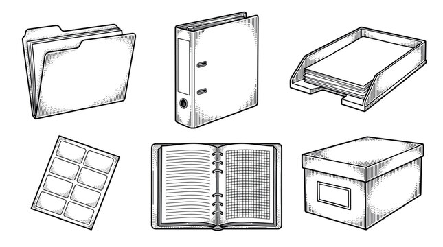 Office archive and document organization vector illustration set in vintage engraving style