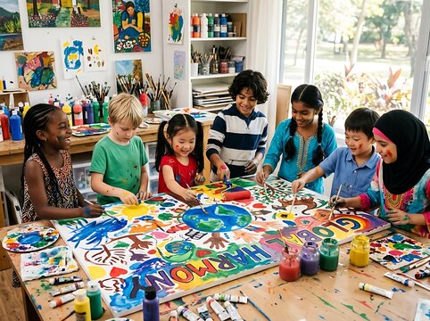 Diverse Group of Multiethnic Children Collaborating on a Large Colorful Global Harmony Painting Project in an Art Classroom