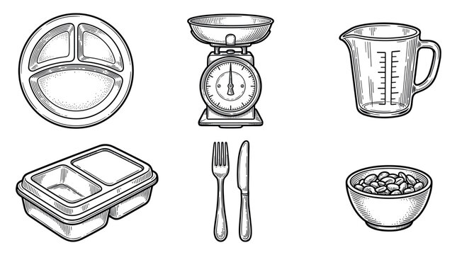 Healthy meal prep and portion control kitchen tools vector illustration set