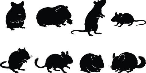 Set of black silhouettes featuring various small rodents including hamsters, mice, rats, and chinchillas