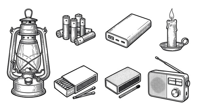 Emergency survival kit and power outage equipment vector illustration set in vintage engraving style