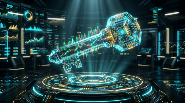 Digital holographic key featuring stock market candlestick charts and financial data points floating over a circular high-tech interface in a futuristic dark command center server room.