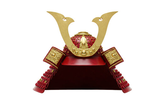 Ornate red samurai helmet with golden crest and intricate embellishments isolated white background