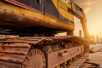 Closeup dirt track pad of backhoe. Digger parked at construction site. Bulldozer near concrete pole. Earth moving machine. Yellow digger with bucket. Earth moving machine. Excavation vehicle. © Fahroni