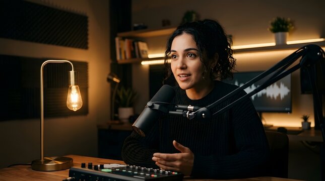 Young female content creator recording a professional podcast or online masterclass in a cozy home studio with warm lighting