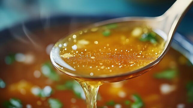 Close up of a spoon lifting steaming hot golden chicken broth or vegetable soup with fresh herbs