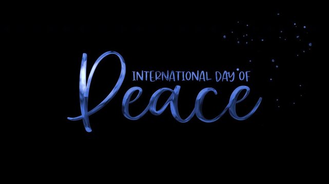 International day of peace celebration with blue glowing text in cursive font on a black background with bright stars. Suitable for promoting peace events.