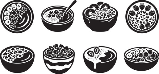 Acai smoothie breakfast bowls healthy berry and grain food icons © HM