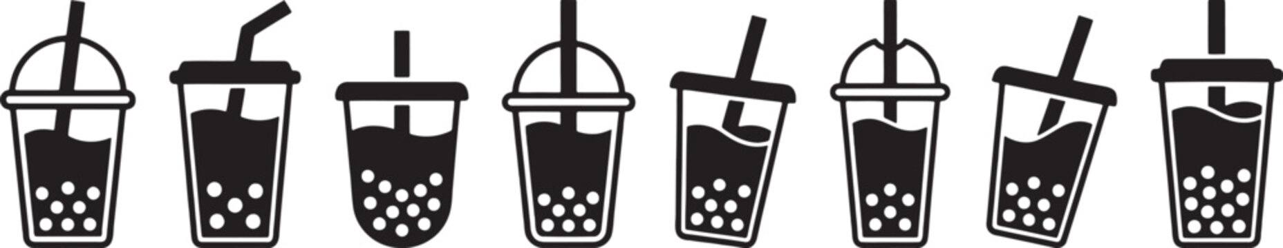 Bubble tea boba milk tea and tapioca pearl drink icons
