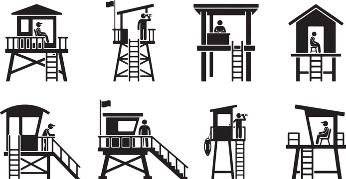 Lifeguard towers beach safety watch stations black solid icons