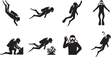Scuba diving underwater exploration reef marine biology silhouette icons © HM