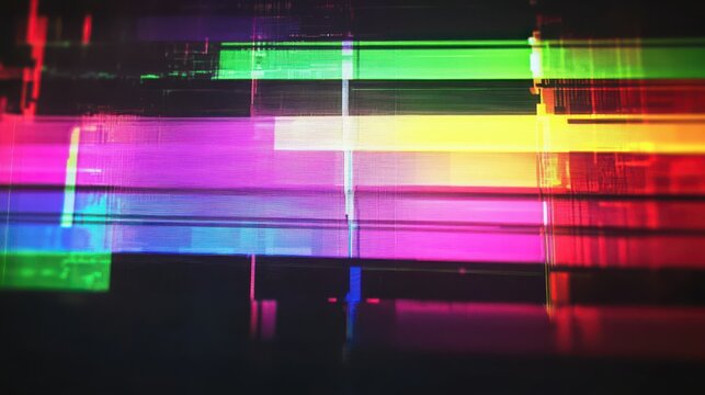 Color bars with intentional digital distortion on a dark background test pattern with vibrant hues and glitch effect