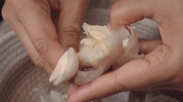 Hands peel garlic in a kitchen setting