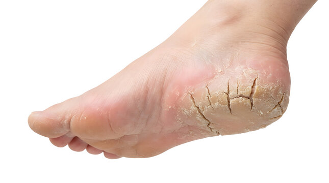 Close up of a persons foot with severely cracked and dry heels.