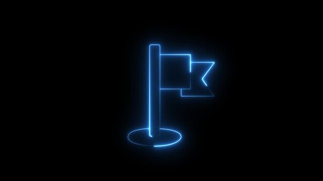 Glowing blue neon flag marker animation on a black background, map navigation, travel destination, location pinpoint, or digital pointer