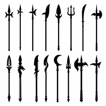 Collection of stylized spear and polearm silhouettes featuring unique blade designs, fantasy-inspired weapon art, and historical shapes for creative projects and visual storytelling, vector
