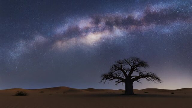Milky Way over Desert Baobab Tree 4K Generative AI
