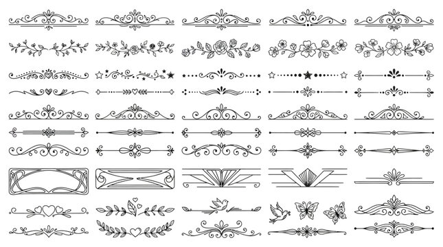 Elegant Hand-Drawn Flourish Border Collection Featuring Vintage Decorative Ornaments and Floral Divider Design Elements