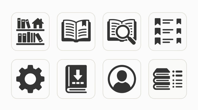 Minimalist library icons set of 8 vector elements, black book and education symbols, digital reading and literature app interface graphics