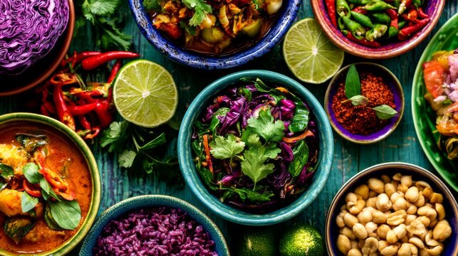 Colorful and fresh ingredients arranged in bowls with lime, herbs, vegetables, spices, and vibrant dishes on rustic wooden table background